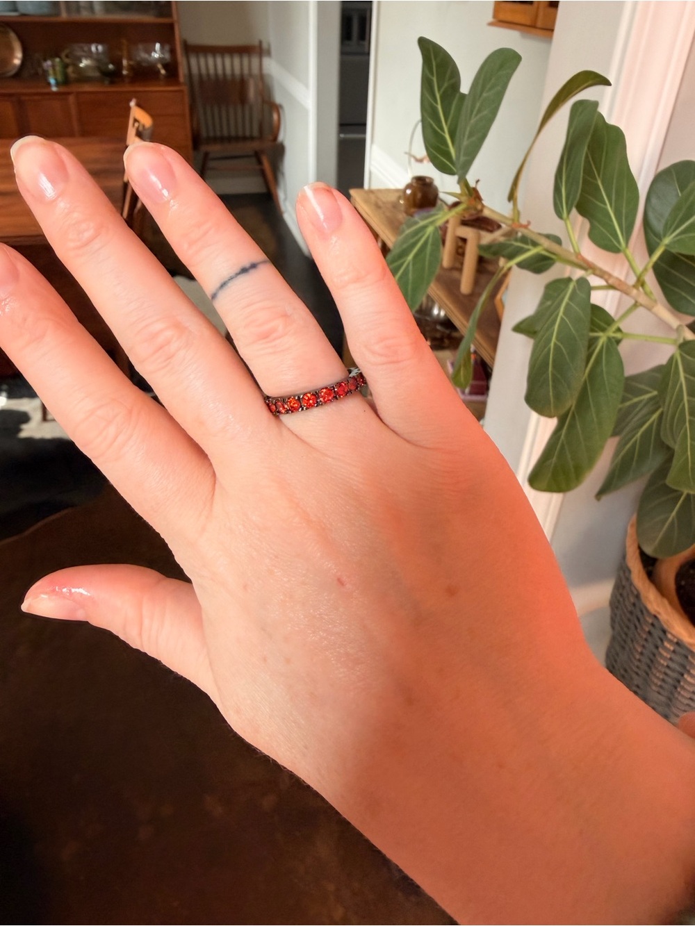 Elegant Red Sapphire black band Eternity Ring - sz 7